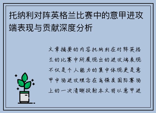托纳利对阵英格兰比赛中的意甲进攻端表现与贡献深度分析